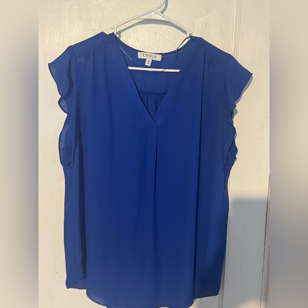 Chaus Blue Flutter Sleeve Ruffled Blouse